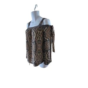 BCBGMaxAzria‎ Brown Patterned Off-Shoulder Blouse
